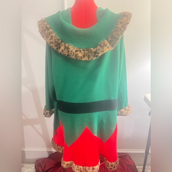 Holiday Time Christmas Elf sweater dress ugly sweater size 2X leopard fur trim - Picture 6 of 7